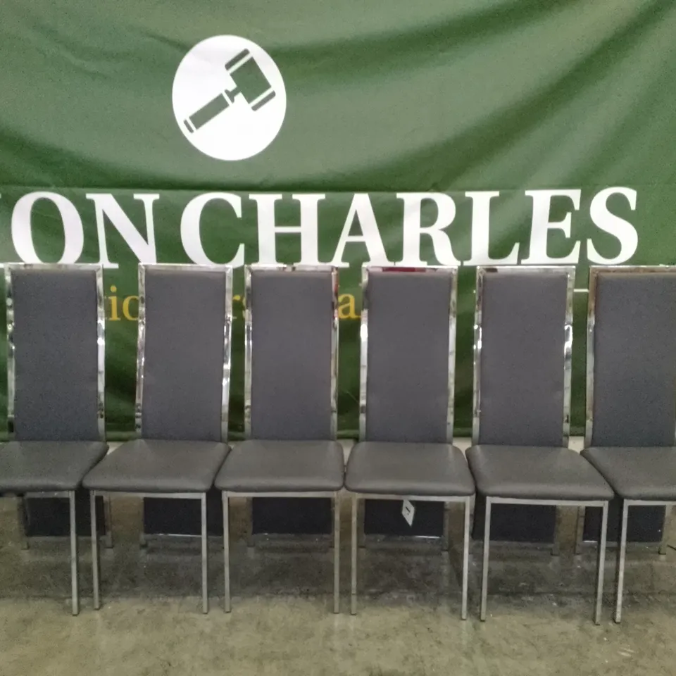 SET OF 6 NEW DESIGNER CELESTE GREY LEATHER AND CHROME DINING CHAIRS 