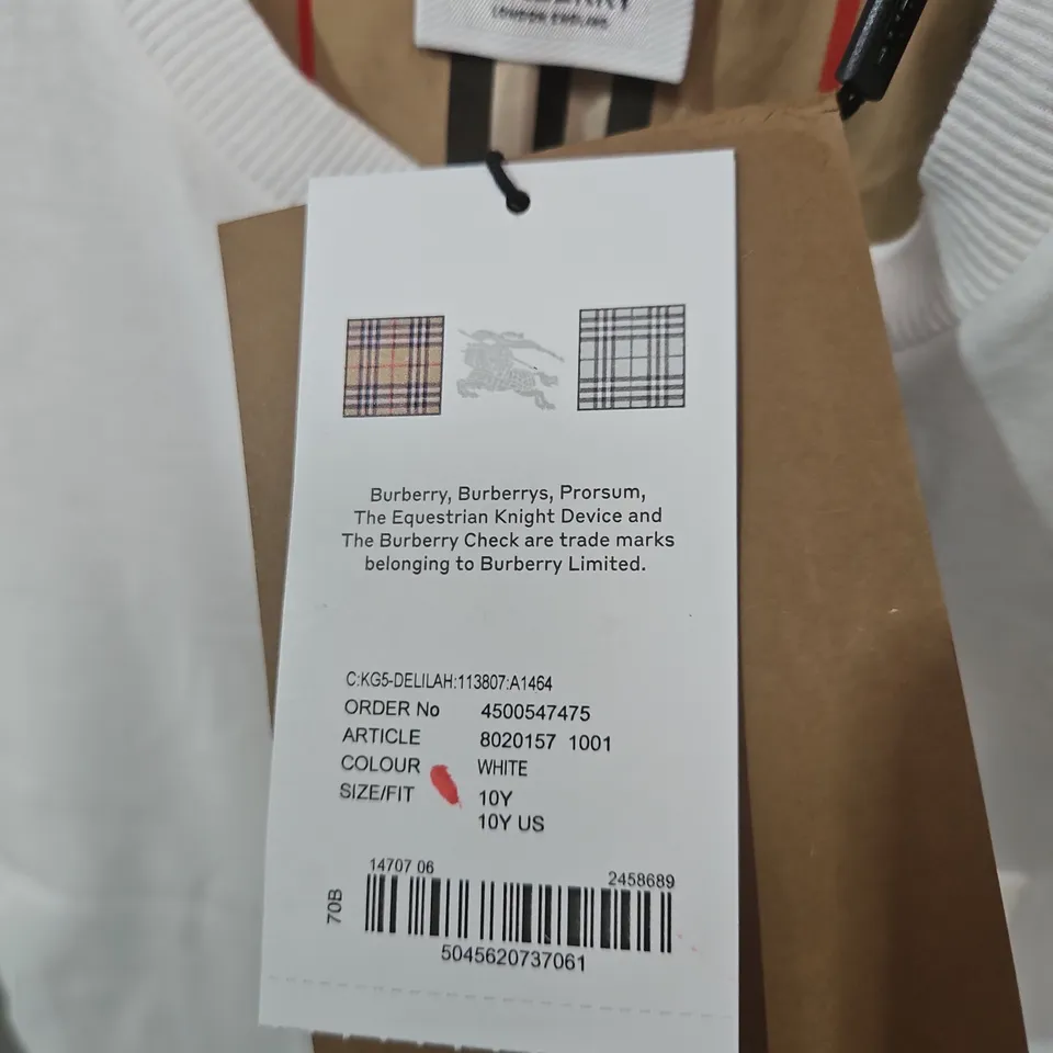 BURBERRY KIDS WHITE T‑SHIRT WITH CHECK TRIM - SIZE 10Y