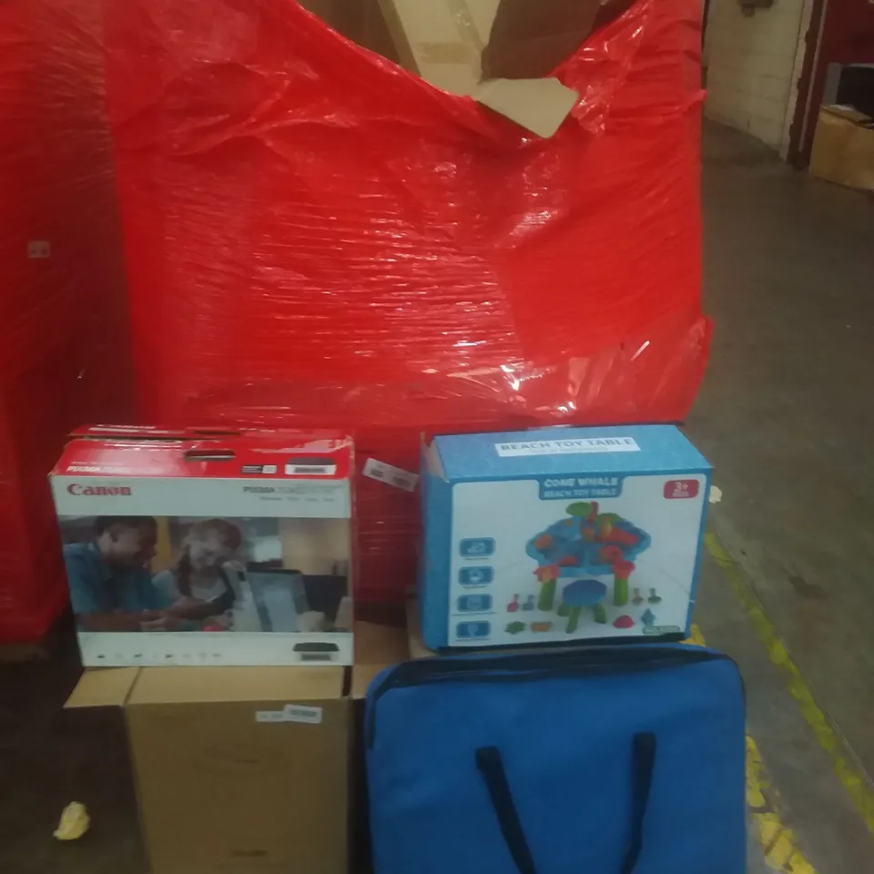 PALLET OF ASSORTED ITEMS INCLUDING PAPER SHREDDER, PRINTER, BEACH TOY TABLE