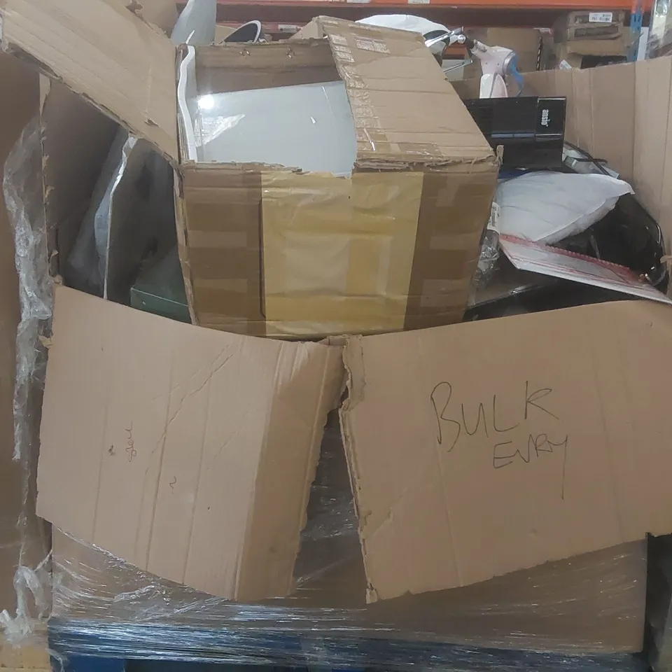 PALLET CONTAINING A VERY LARGE QUANTITY OF ASSORTED CONSUMER PRODUCTS INCLUDING: TOWER FAN, CLOTHES HANGERS, TOY SCOOTER, TEAK CUTTING BOARD, PILLOWS ECT