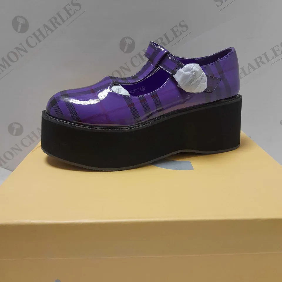 KOI MORENO PLAID PLATFORM MARY JANES SHOES, PURPLE CHECK PATENT - SIZE 5