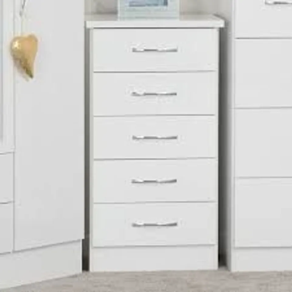 BOXED SECONIQUE NEVADA 5 DRAWER NARROW CHEST - WHITE GLOSS (1 BOX)
