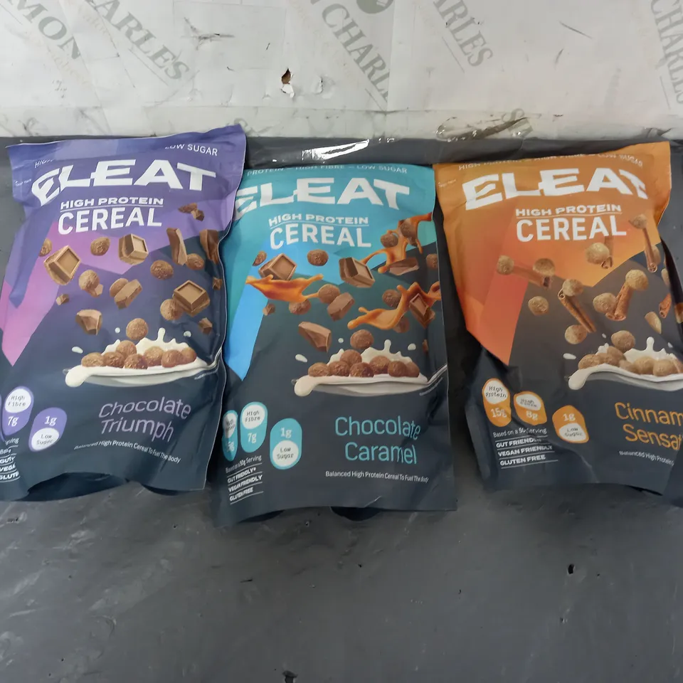 3X ELEAT HIGH PROTIEN CEREAL TO INCLUDE CHOCOLATE, CARAMEL, AND CINNAMON 