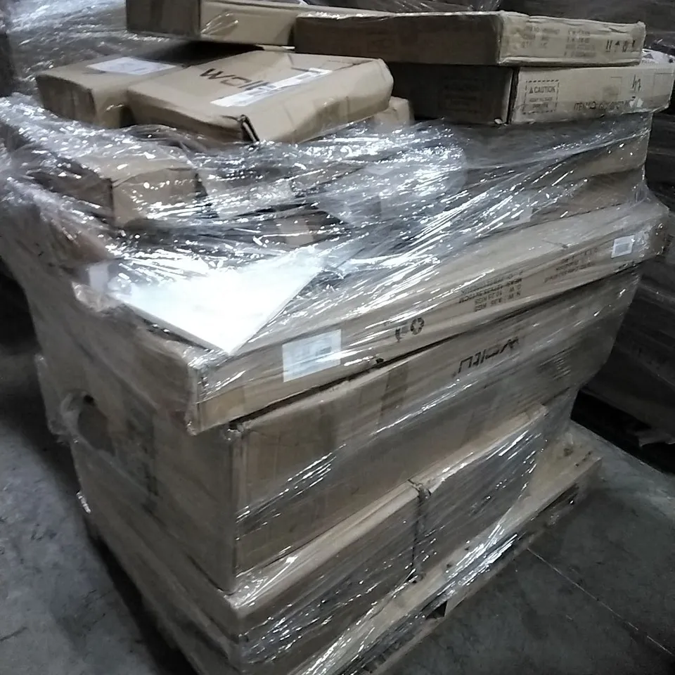 PALLET OF HOUSEHOLD ITEMS TO INCLUDE FLOATING SHELF- WHITE, MIRROR, TABLE SND AND OTHER ASSORTED ITEMS...