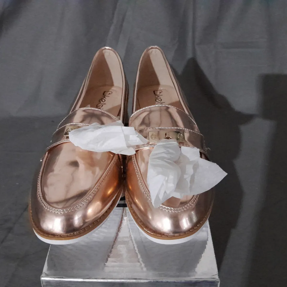 APPROXIMATELY 9 BOXED PAIRS OF ROSE GOLD KELSI LOAFER STYLE SHOES TO INCLUDE SIZE 4