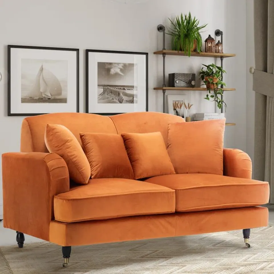 BOXED QUALITY DESIGNER ASHON 2 SEATER VELVET UPHOLSTERED ORANGE SOFA