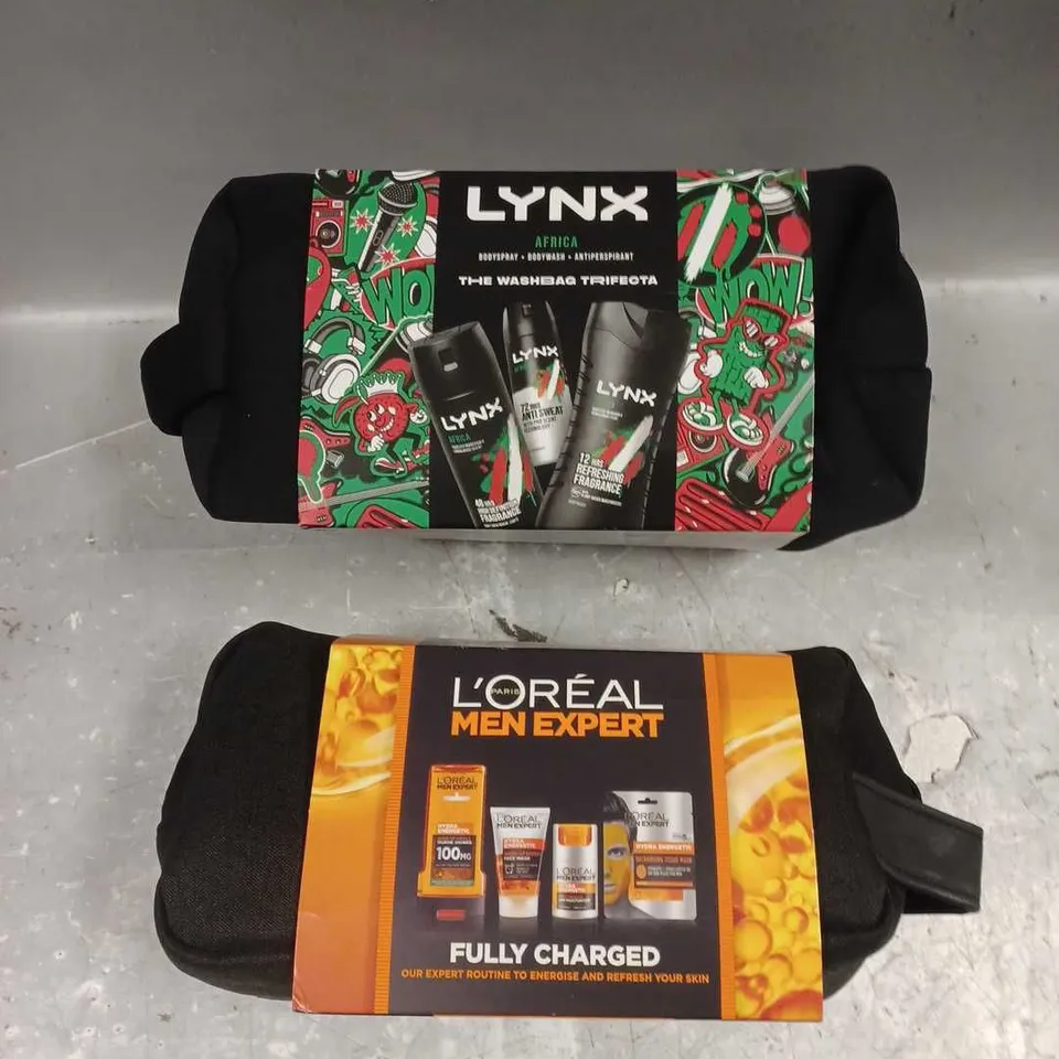 LOT OF 2 ASSORTED COSMETIC BOXSETS TO INCLUDE - LYNX AFRICA THE WASHBAG TRIFECTA - L'OREAL MEN EXPERT FULLY CHARGED SKINCARE SET