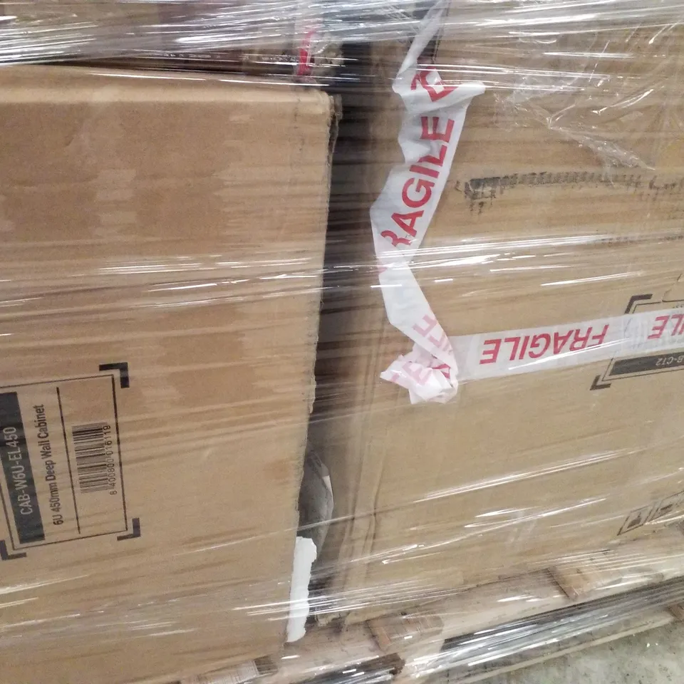 PALLET CONTAINING ASSORTED PRODUCTS INCLUDING REUSABLE SHOPPING TROLLEY BAGS, WIRELESS KEYBOARD MOUSE SET, NETWORK CABINETS & 2.5KG DUMBELLS