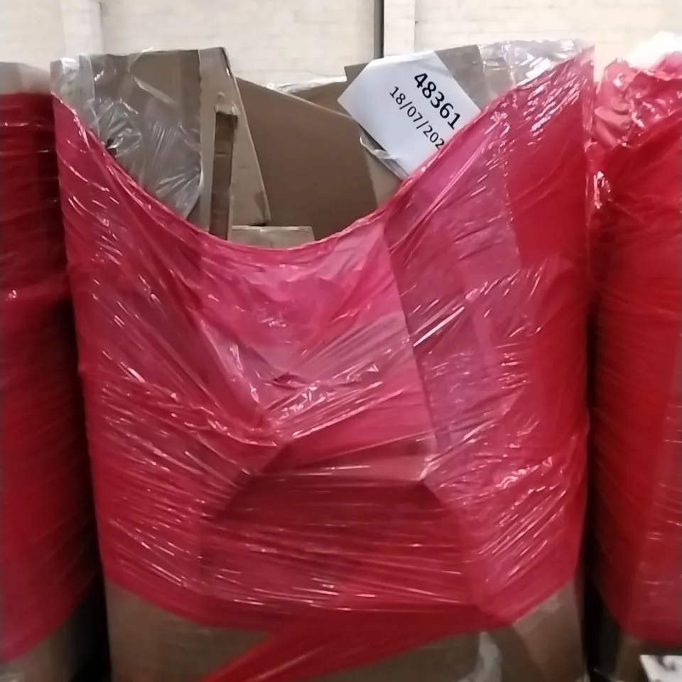 A PALLET OF VARIOUS ITEMS TO INCLUDE. AIR FRYER, WHITEBOARD, DOG BED, DRAIN ROD SET AND WINDOW BLINDS