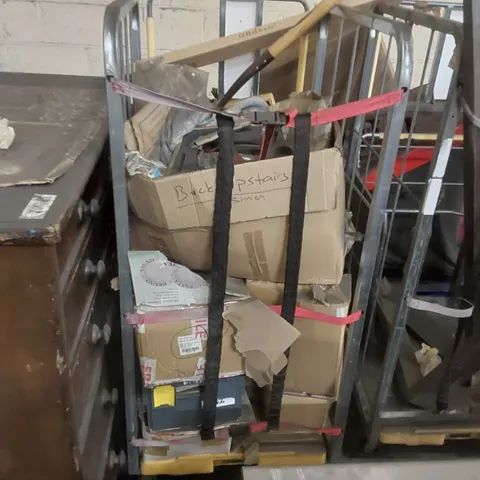 CAGE CONTAINING ASSORTED CATERING EQUIPMENT PARTS/TOOLS AND OTHER ASSORTED ITEMS INCLUDING: SPEAR & JACKSON PITCHFORK, DINNERWARE SET ECT (CAGE NOT INCLUDED)