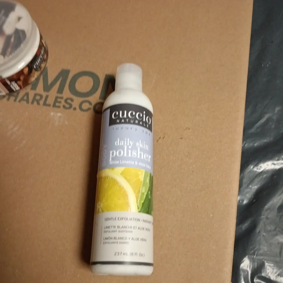BOX OF APPROXIMATELY 10 CUCCIO COSMETIC PRODUCTS INCLUDING HYDRATING BODY BUTTER AND DAILY SKIN POLISHER 