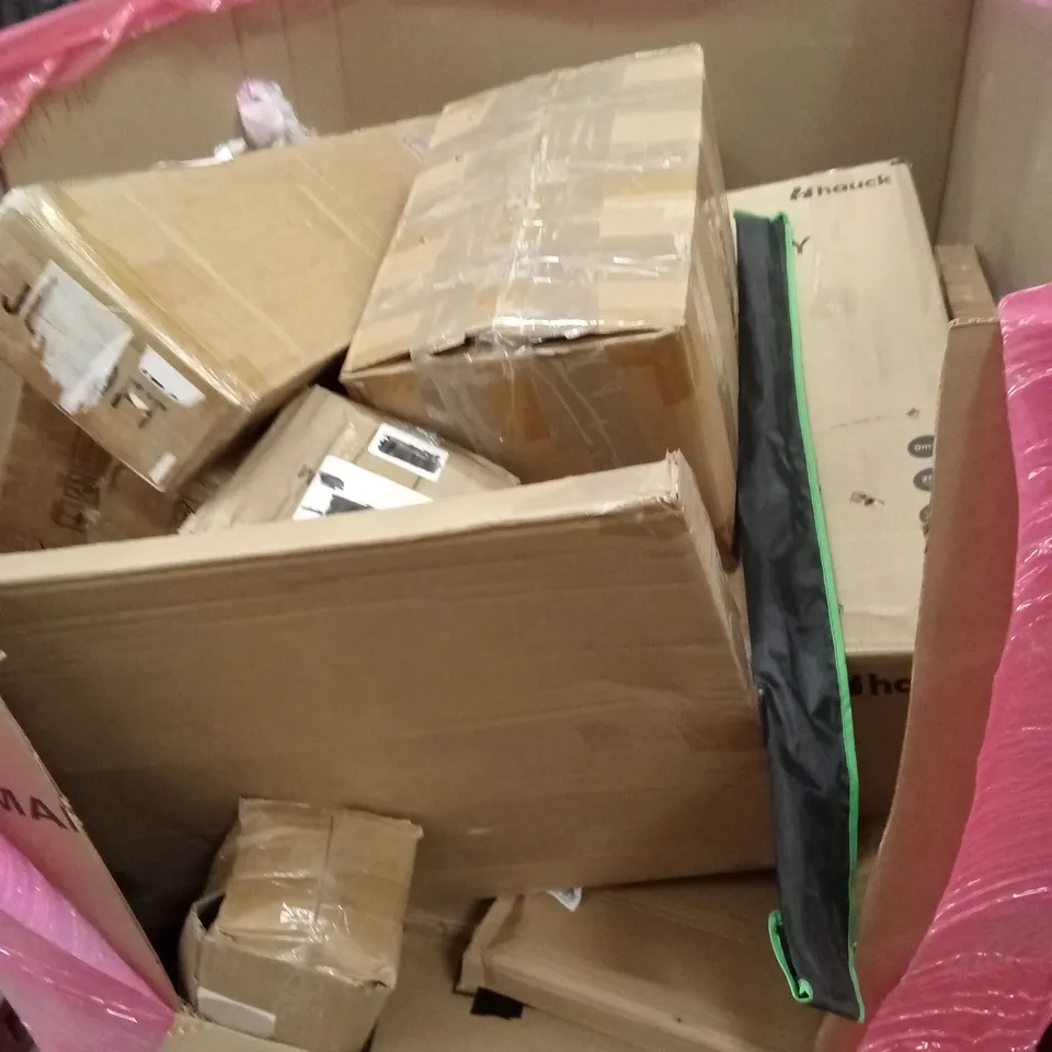 PALLET OF ASSORTED HOUSEHOLD GOODS AND PRODUCTS TO INCLUDE; WATER SPORT PADDLES, BABY STROLLER, BOXED FURNITURE ETC 