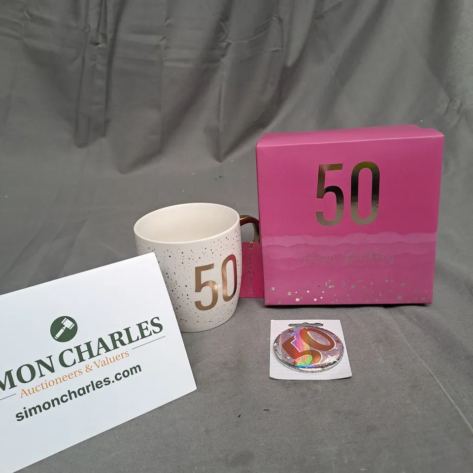 BOXED 50TH BIRTHDAY CELEBRATION MUG & BADGE 