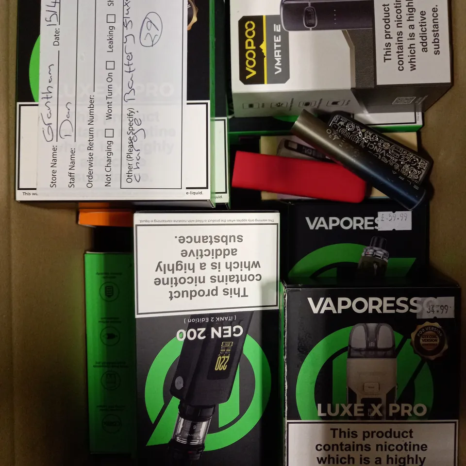 APPROXIMATELY 20 ASSORTED E-CIGARETTE PRODUCTS/ACCESSORIES TO INCLUDE VOOPOO, ASPIRE, VAPORESSO ETC 