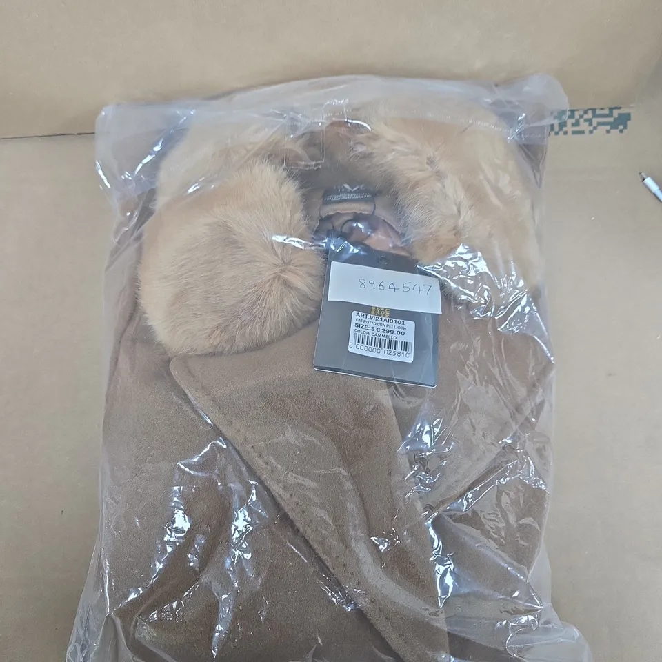 19V69 CAPPOTTO CON PELLICCIA FAUX FUR TRIM COAT IN CARAMEL – UK SIZE S 
