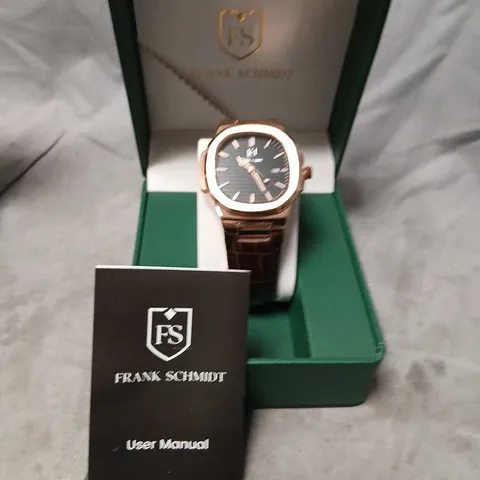 FRANK SCHMIDT FS WRISTWATCH – ROSE GOLD-TONE CASE & BRACELET, BLACK STRIPED DIAL, DATE AT 3 O'CLOCK (IN PRESENTATION BOX)