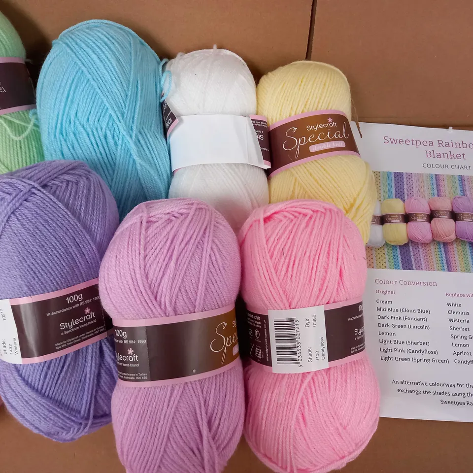 BOX OF 8 BALLS OF WOOL & INSTRUCTIONS FOR CROCHETING A "SWEETPEA RAINBOW BLANKET"