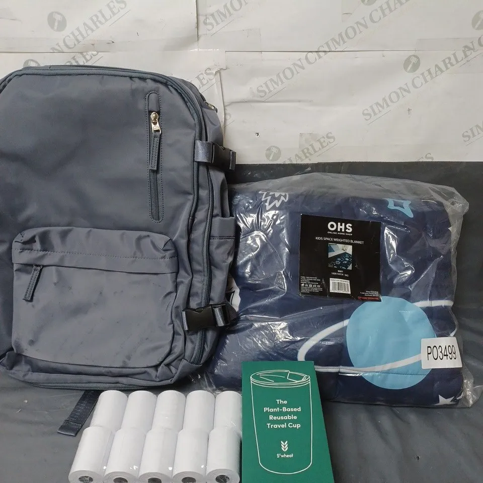 APPROXIMATELY 15 HOUSEHOLD ITEMS TO INCLUDE KIDS WEIGHTED BLANKET, BACKPACK AND A TRAVEL MUG
