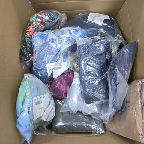 BOX OF APPROXIMATELY 20 ASSORTED CLOTHING ITEMS OF VARIOUS STYLES AND COLOURS 