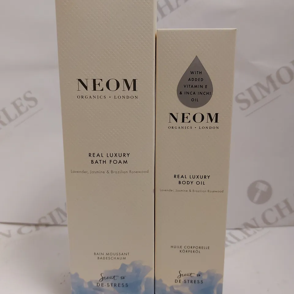 2 NEOM PRODUCTS TO INCLUDE REAL LUXURY BODY OIL AND BATH FOAM