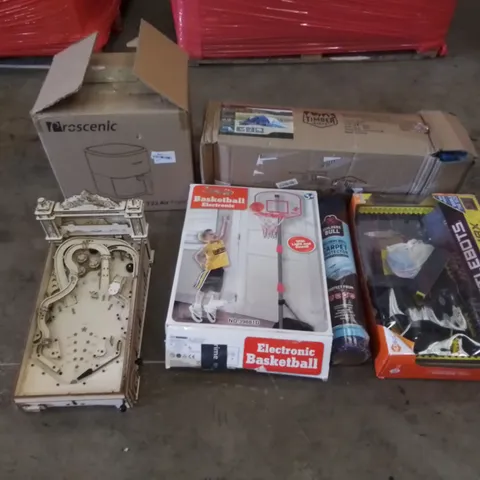 PALLET TO CONTAIN ASSORTED HOUSEHOLD PRODUCTS. INCLUDES CARPET PROTECTOR, TENT, BATTLE BOTS, KIDS BASKETBALL NET, AIR FRYER, PIN BALL ETC