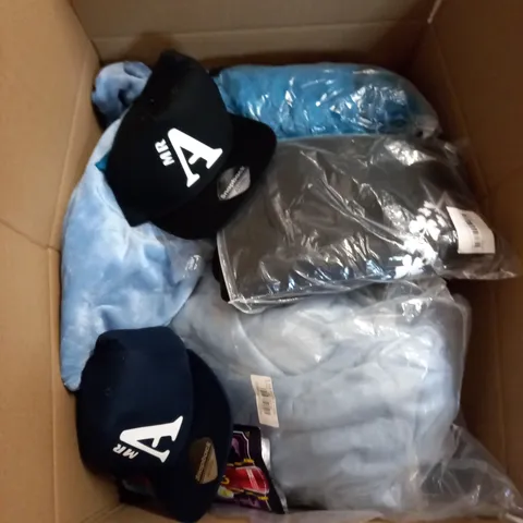 BOX OF ASSORTED CLOTHING ITEMS TOO INCLUDE JUMPERS, SHIRTS AND TROUSERS IN VARIOUS SIZES AND COLOURS   