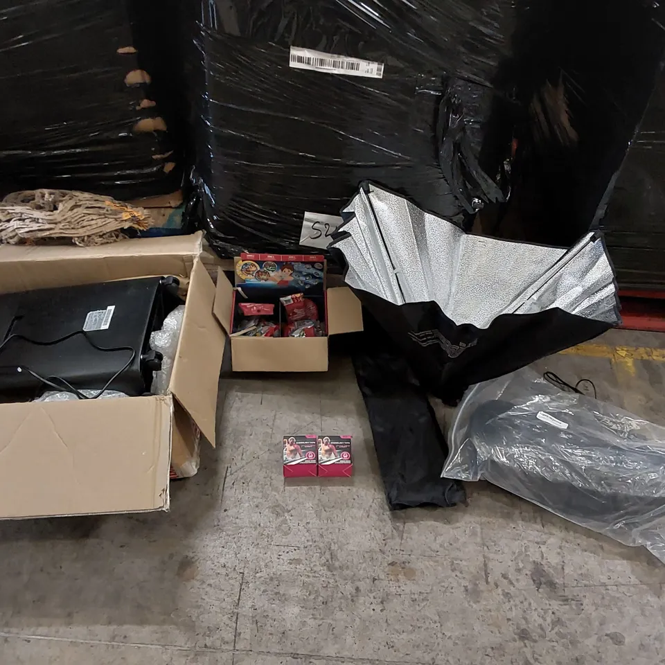 PALLET OF ASSORTED ITEMS INCLUDING: PHOTOGRAPHY LIGHTING UMBRELLA, BONSAII PAPER SHREDDER, KID'S TOY WATCHES, KINESIOLOGY SPORTS TAPE, UNIVERSAL MOTORCYCLE SEAT ECT.