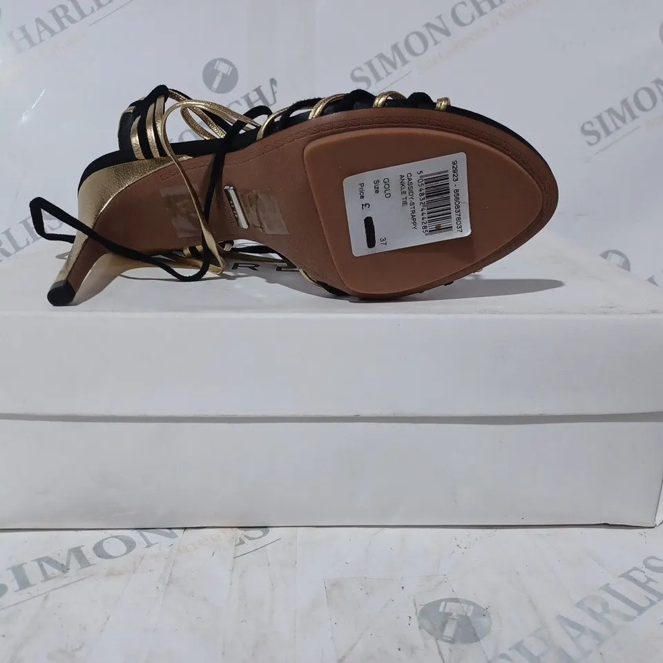 BOXED PAIR OF REISS CASSIDY STRAPPY HEELS IN BLACK/GOLD UK SIZE 4