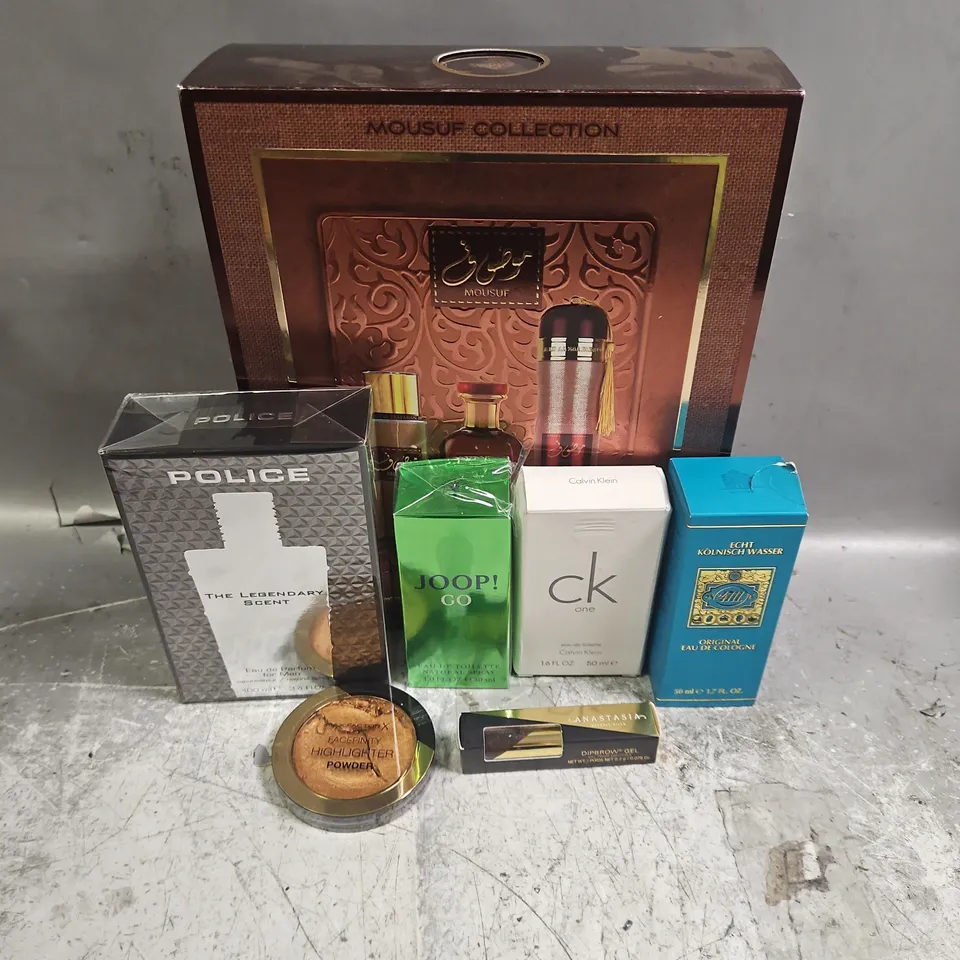 BOX OF APPROXIMATELY 20 ASSORTED COSMETIC ITEMS TO INCLUDE - CALVIN KLEIN ONE EAU DE TOILETTE - JOOP! GO EAU DE TOILETTE - ANASTASIA DIPBROW GEL - ETC
