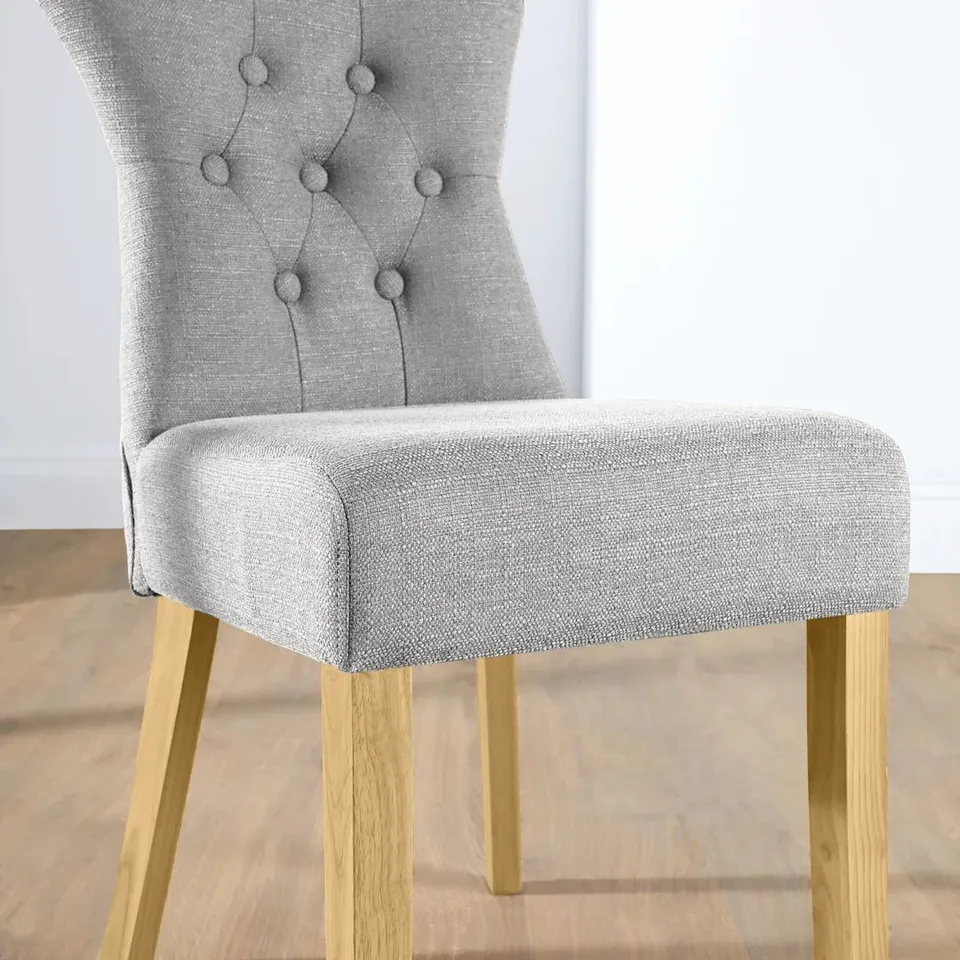 BOXED BEWLEY DINING CHAIR, LIGHT GREY CLASSIC LINEN-WEAVE FABRIC & NATURAL OAK FINISHED SOLID HARDWOOD 