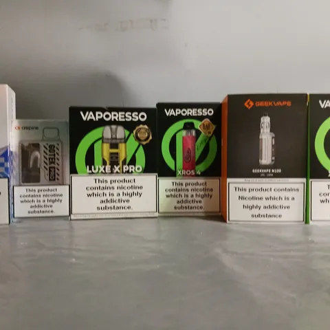 BOX OF APPROXIMATELY 18 ASSORTED E-CIGARETTES TO INCLUDE - VAPORESSO, ASPIRE , VOOPOO