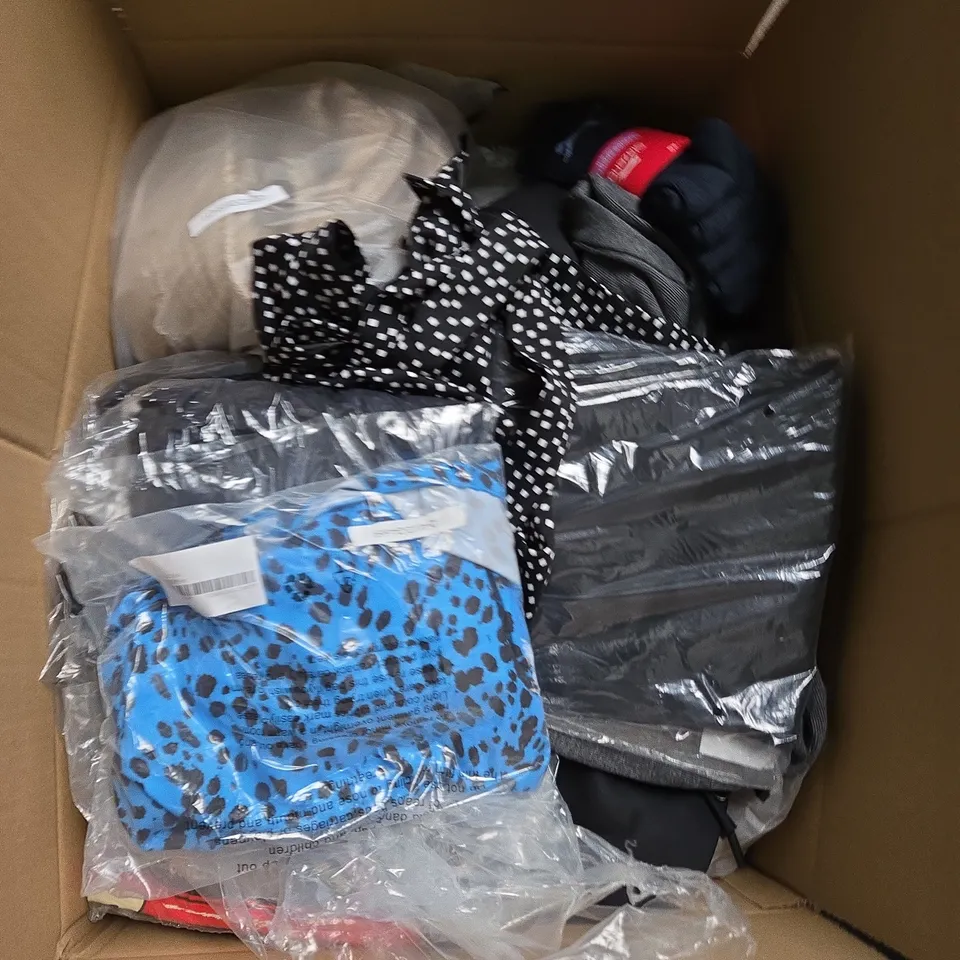 LARGE BOX OF ASSORTED CLOTHING ITEMS IN VARIOUS SIZES, STYLES AND COLOUR 