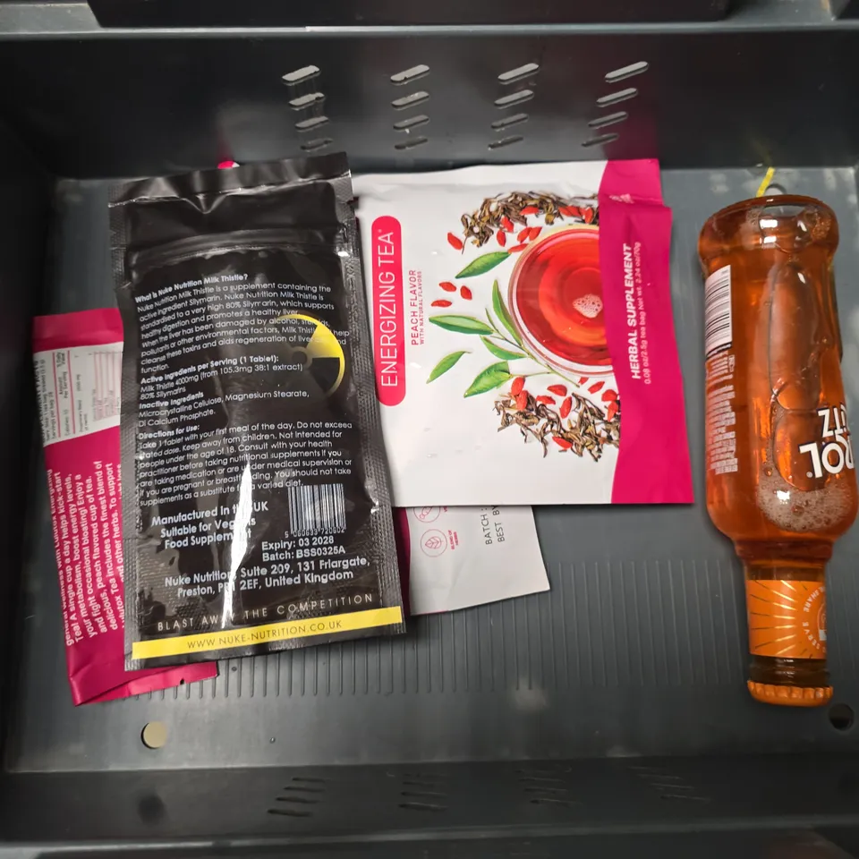 APPROXIMATELY 7 ASSORTED FOOD & DRINK ITEMS TO INCLUDE - PEPSI MAX , VIRGIN OLIVE OIL , GRENADE SPREAD ETC