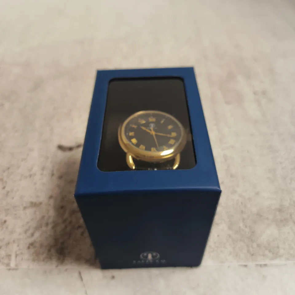 TALIS CO. GOLD TONE WRISTWATCH WITH BLACK LEATHER STRAP – BLUE PRESENTATION BOX