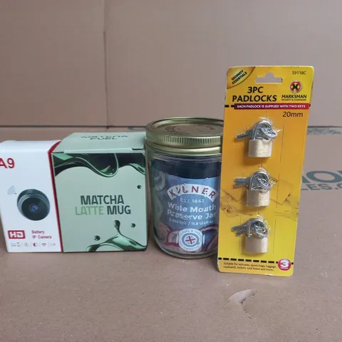 APPROXIMATELY 15 ASSORTED HOUSEHOLD PRODUCTS TO INCLUDE A9 BATTERY IP CAMERA, MATCHA LATTE MUG AND 3 PACK OF PADLOCKS