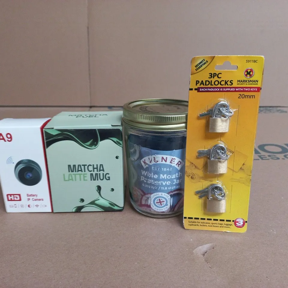 APPROXIMATELY 15 ASSORTED HOUSEHOLD PRODUCTS TO INCLUDE A9 BATTERY IP CAMERA, MATCHA LATTE MUG AND 3 PACK OF PADLOCKS