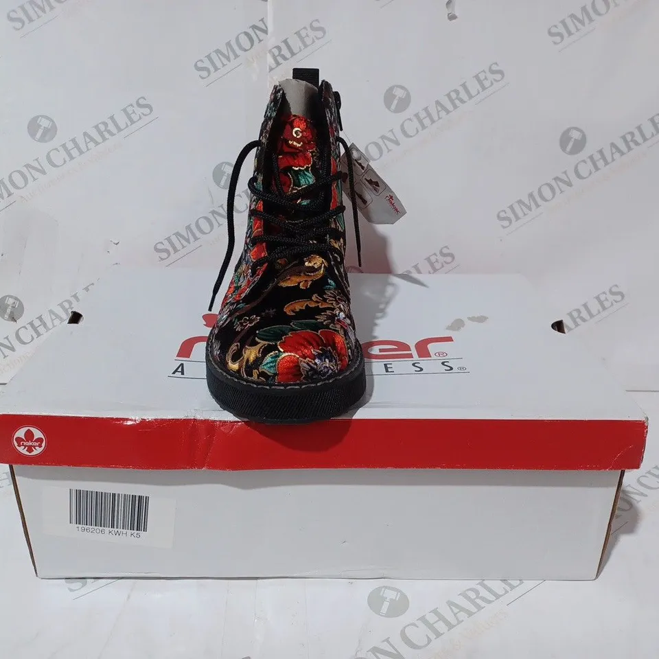 BOXED PAIR OF RIEKER LACE UP BOOTS MULTI/FLORAL PATTERN - SIZE 5