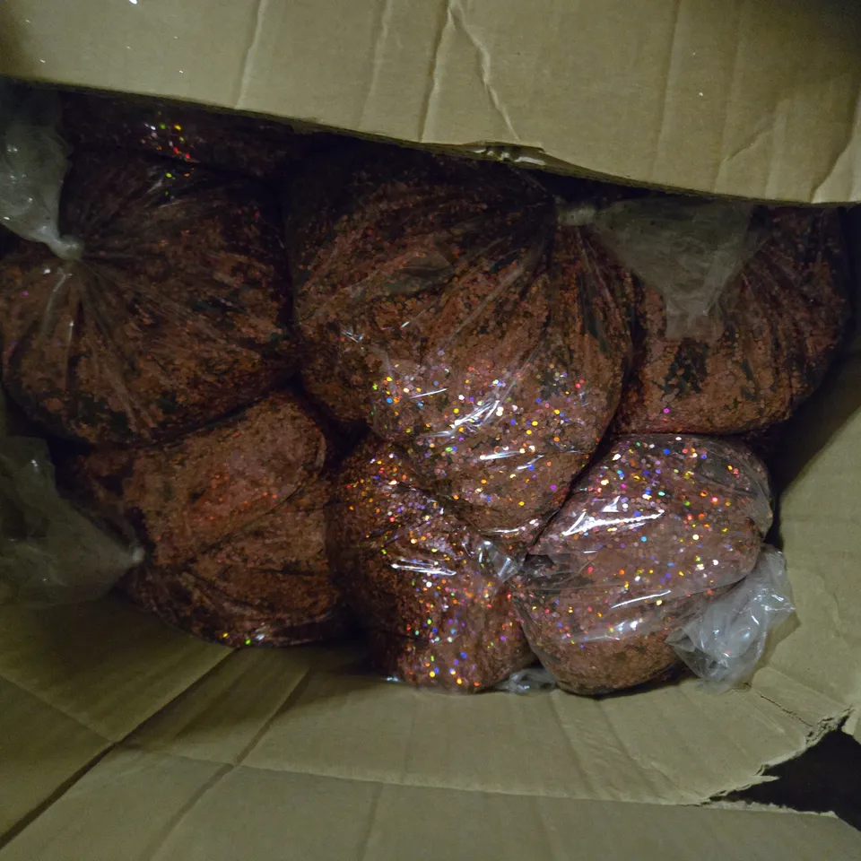 PALLET OF LARGE QUANTITY OF ASSORTED GLITTERS TO INCLUDE - GLITTER EXPRESS ROSE GOLD SQUARES , GLITTER EXPRESS BLACK GLITTER , UNBRANDED FINE GLITTER ETC - COLLECTION ONLY