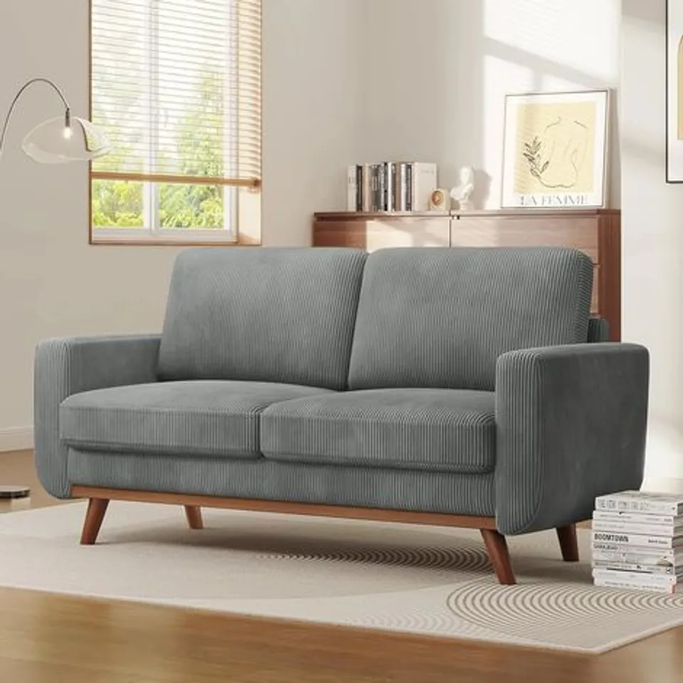 BOXED 68? CORDUROY SOFA, COMFY LOVESEAT COUCH WITH SOLID WOOD, SPRING CUSHION MODERN SOFA COUCH WITH EXTRA DEEP SEAT FOR LIVING ROOM,OFFICE COUCH, GREY