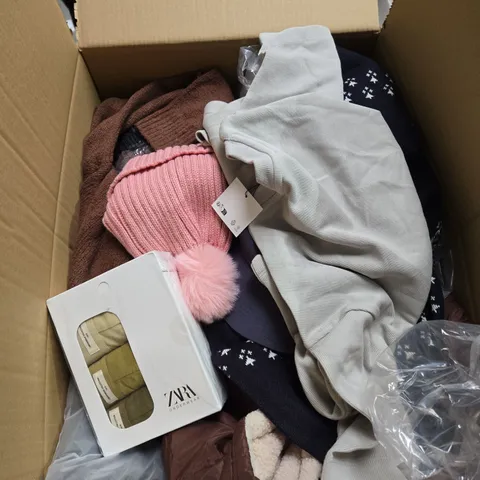 LARGE BOX OF ASSORTED CLOTHING ITEMS IN VARIOUS SIZES, STYLES AND COLOUR 