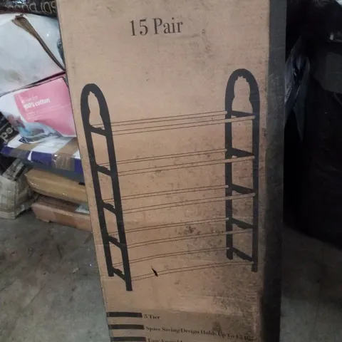 BOXED 5 TIER SHOE RACK - HOLDS UP TO 15 PAIRS