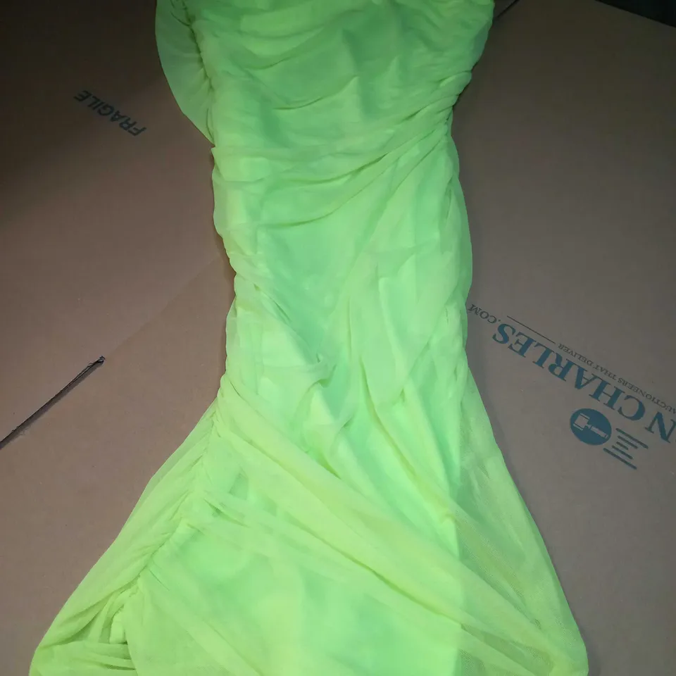 DESIGNER NEON ONE SHOULDER RUCHED MESH COVERED MIDI DRESS - XL