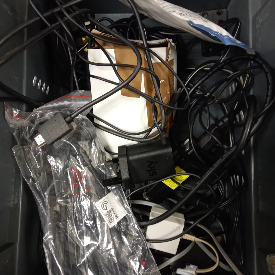 BOX OF APPROXIMATELY 20 ASSORTED ELECTRICAL ITEMS TO INCLUDE HUAWEI FREEVIEW BOX, ETHERNET CABLES, POWER SUPPLIES ETC