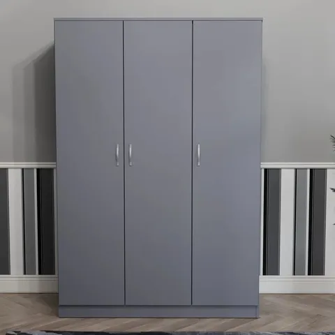 BOXED MAYBERY 3 DOOR WARDROBE, WITH SHELF & HANGING RAIL BEDROOM STORAGE - GREY (3 BOXES)