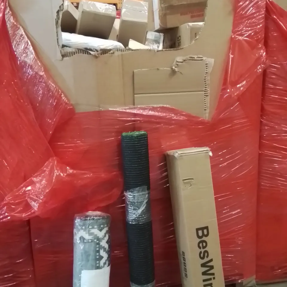 PALLET OF ASSORTED HOUSEHOLD GOODS AND PRODUCTS TO INCLUDE;AREA RUG,ARTIFICIAL GRASS,BED RAIL