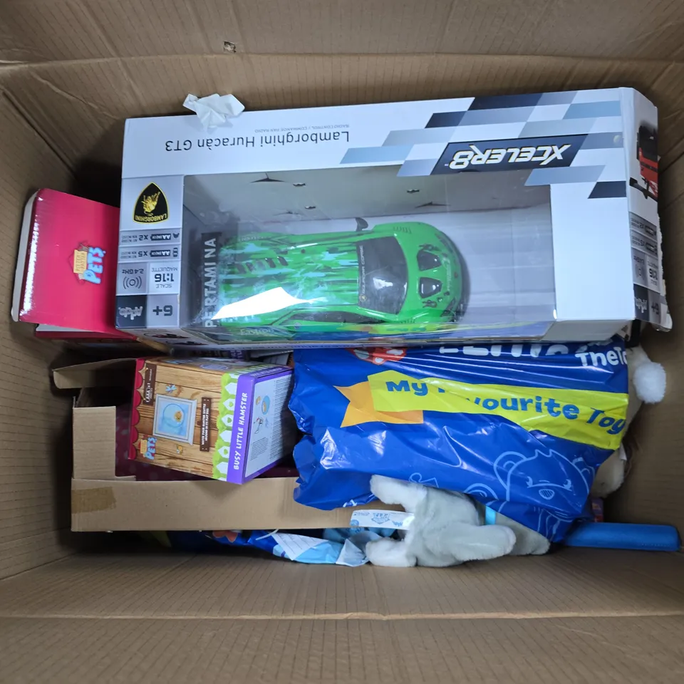 APPROXIMATELY 10 ASSORTED TOYS & GAMES PRODUCTS TO INCLUDE BUSY LITTLE HAMSTER, XCELER8 RC CAR, ELC DOLL WITH PRAM, ETC