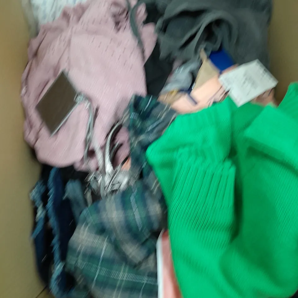 BOX OF APPROXIMATELY 20 ASSORTED CLOTHING ITEMS TO INCLUDE GREEN TOP, HANDBAG, BRIEF UNDERWEAR ETC