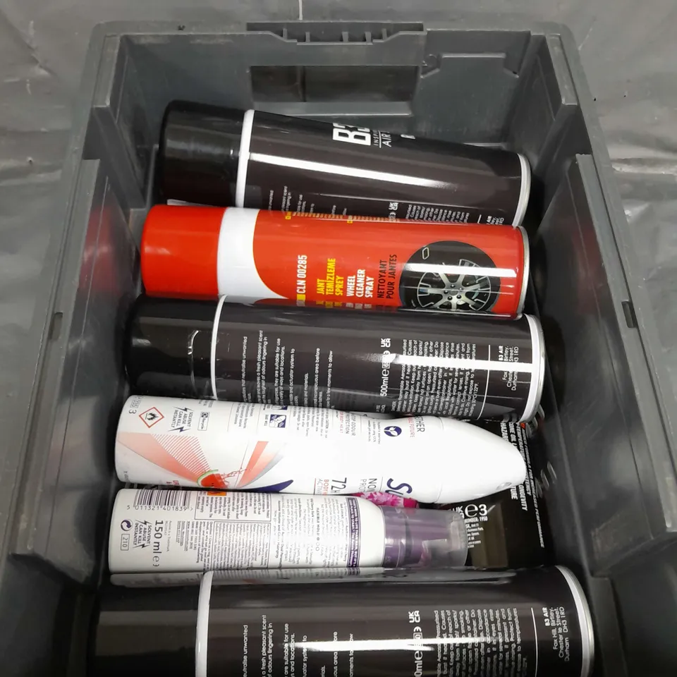 APPROXIMATELY 12 ASSORTED AEROSOLS TO INCLUDE AIR SANITISER , STRAIGHTENING FOAM , WHEEL SPRAY , ETC 