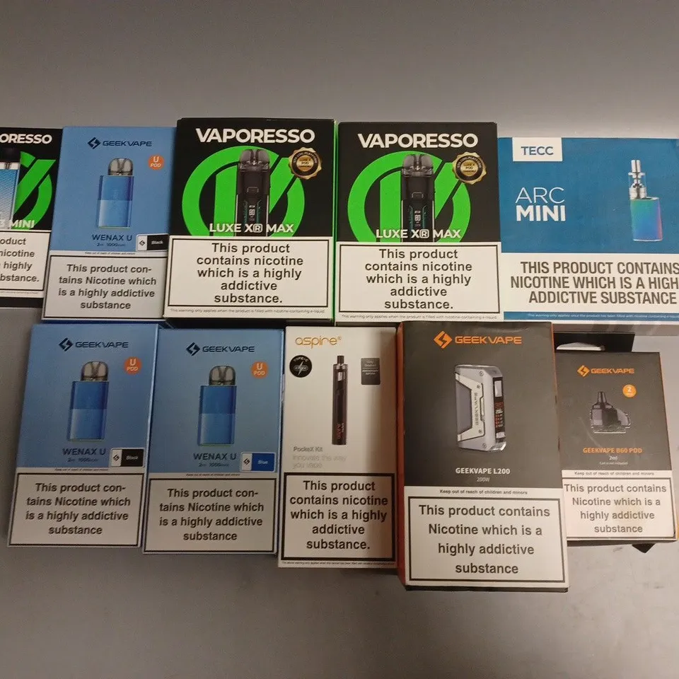 APPROXIMATELY 10 ASSORTED E-CIGARETTE PRODUCTS TO INCLUDE VAPORESSO, TECC, GEEK VAPE ETC
