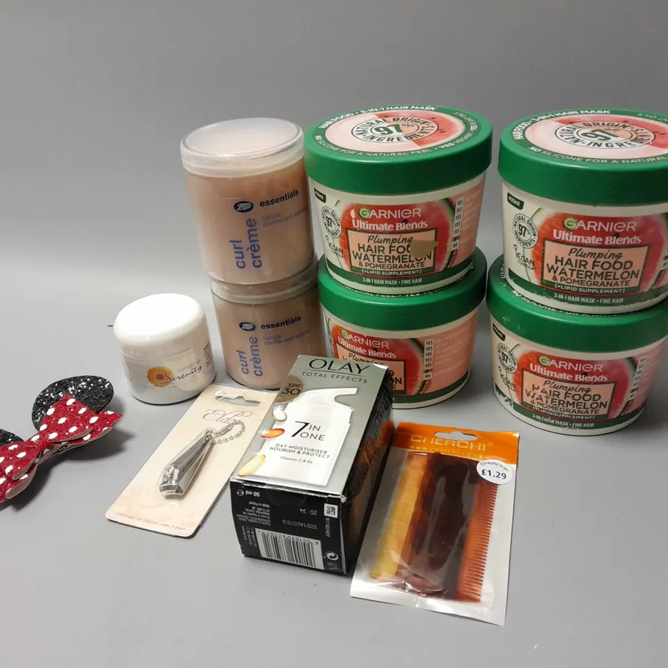 LOT OF BEAUTY PRODUCTS TO INCLUDE GARNIER ULTIMATE BLENDS HAIR FOOD WATERMELON, ETC
